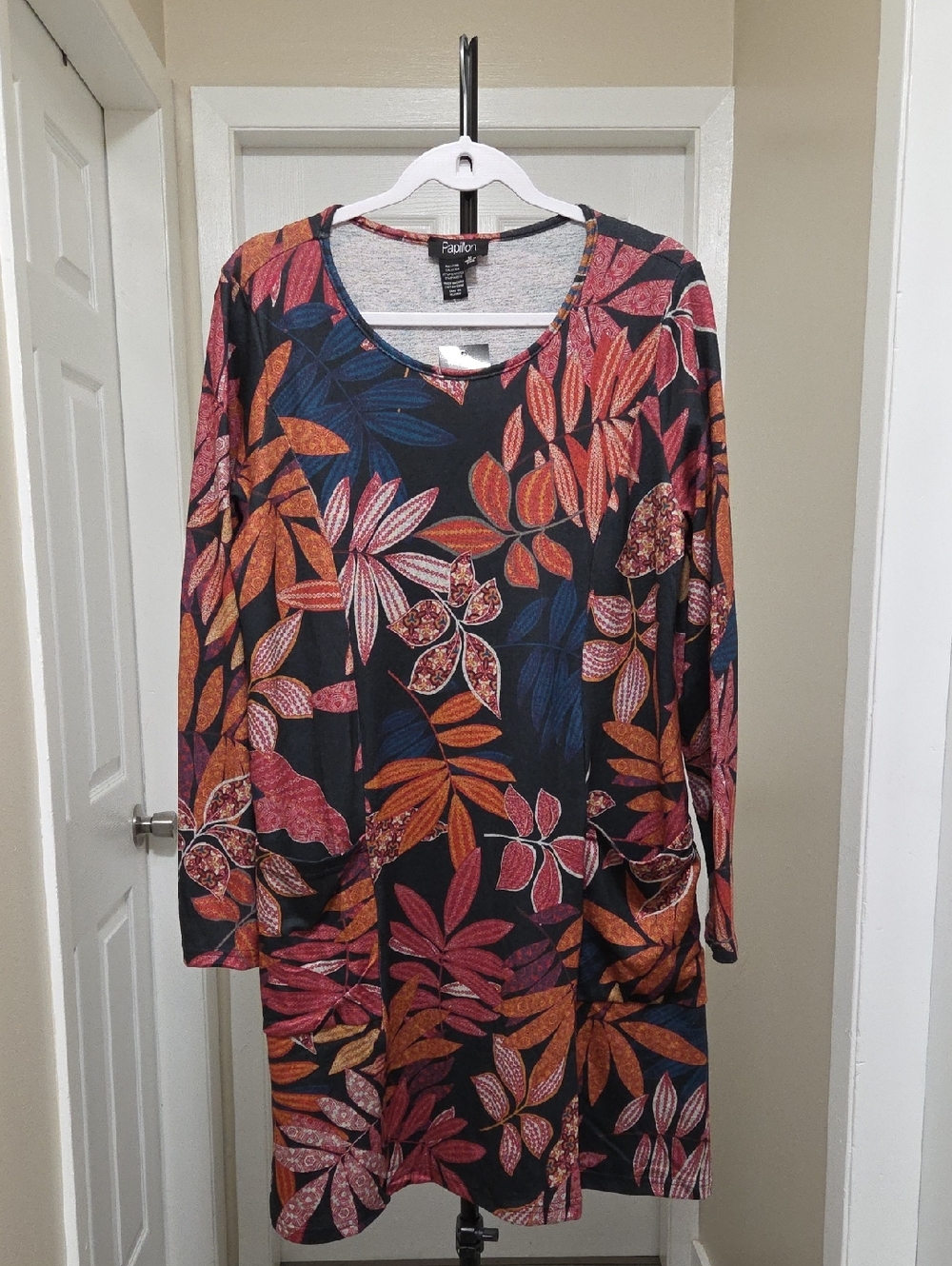 NWT Papillon Black Floral Leaf Tunic Dress | Rust Orange & Blue Botanical Print - Picture 2 of 10